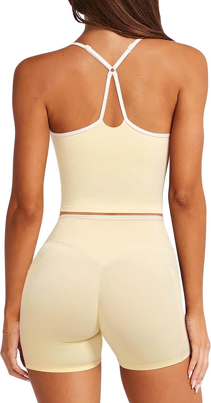 RXRXCOCO Color Block Workout Sets for Women 2 Piece Padded Strappy Tank Tops Hidden Scrunch Booty Shorts with Pockets