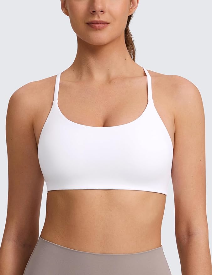 CRZ YOGA Butterlift Double Lined V Back Sports Bras for Women - Scoop Neck Spaghetti Strap Wireless Yoga Top Non Padded