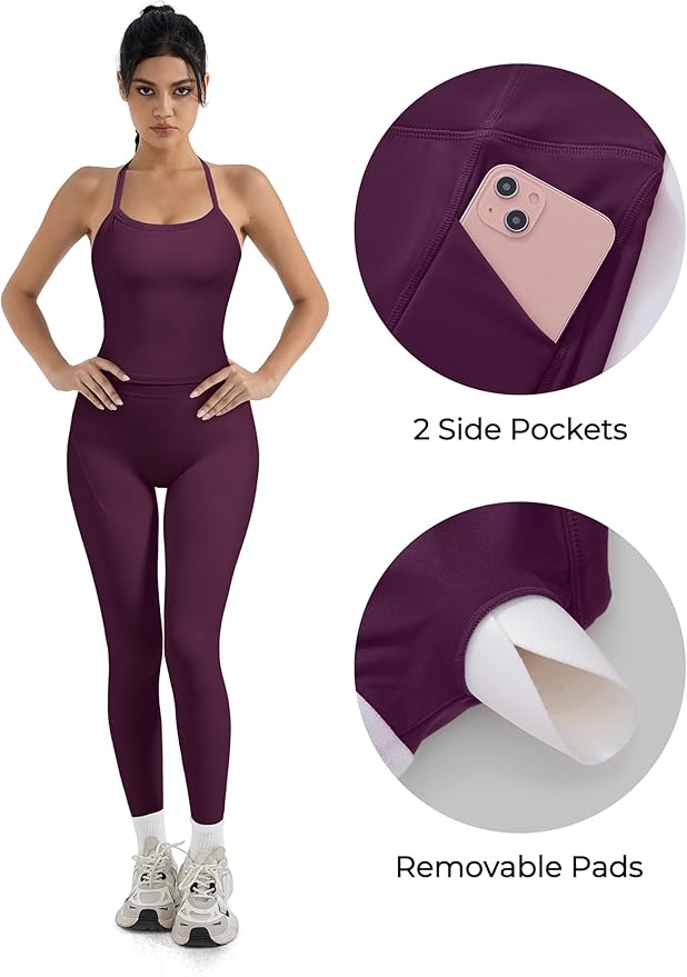 SUUKSESS Women 2 Piece Workout Sets Compression Tummy Control Leggings with Pockets Halter Built in Bra Tank Tops