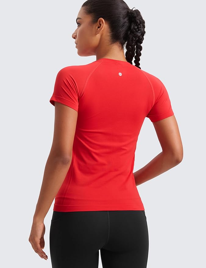 CRZ YOGA Seamless Workout Tops for Women Hip Length - Athletic Running Gym Yoga Short Sleeve Shirts Breathable Crewneck Tees