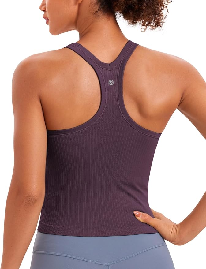 CRZ YOGA Seamless Ribbed Scoop Neck Tank Top for Women - Workout Racerback Padded Athletic Camisole with Built in Bra