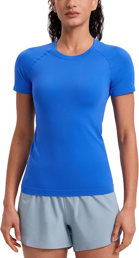 CRZ YOGA Seamless Workout Tops for Women Hip Length - Athletic Running Gym Yoga Short Sleeve Shirts Breathable Crewneck Tees