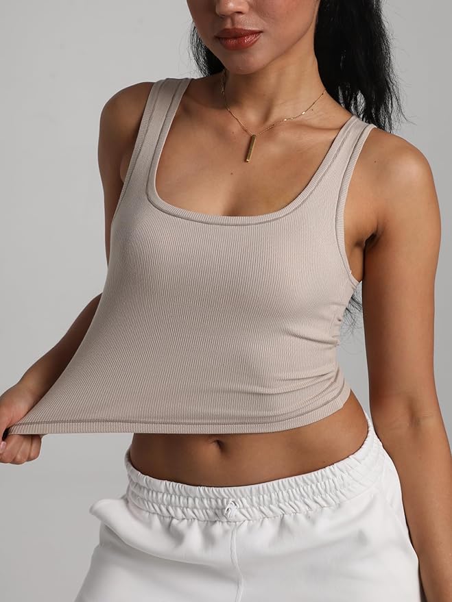 Danysu Women Rib Tank Top Padded Workout Top Square Neck Crop Tank Fitted Basic Cami Tops