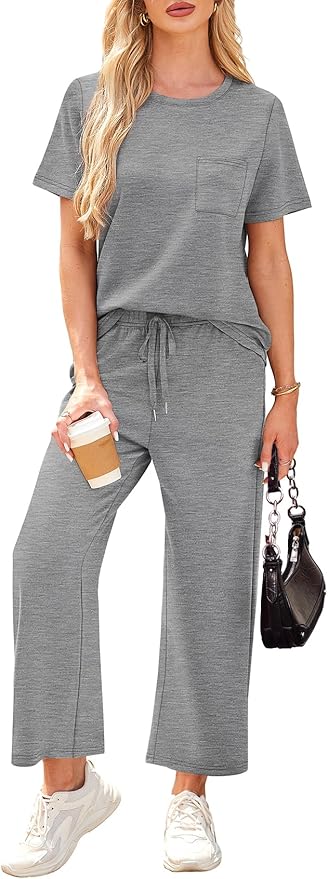 WIHOLL 2 Piece Sets for Women Casual Summer Travel Vacation Outfits Short Sleeve Wide Leg Crop Pants Lounge Sets