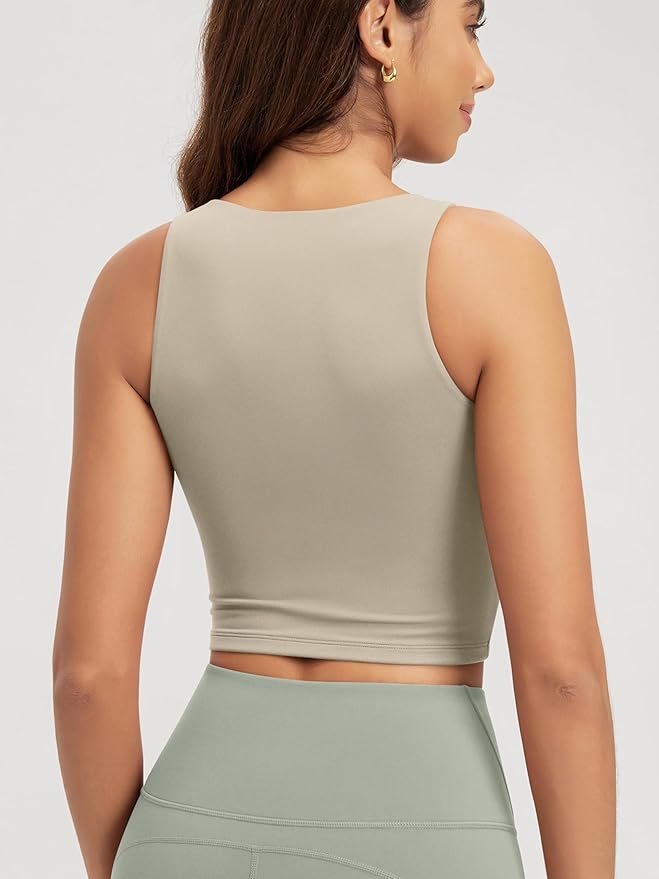 ODODOS Double Layer High Neck Crop Tank for Women Cloud Feeling Sleeveless Casual Yoga Cropped Tops