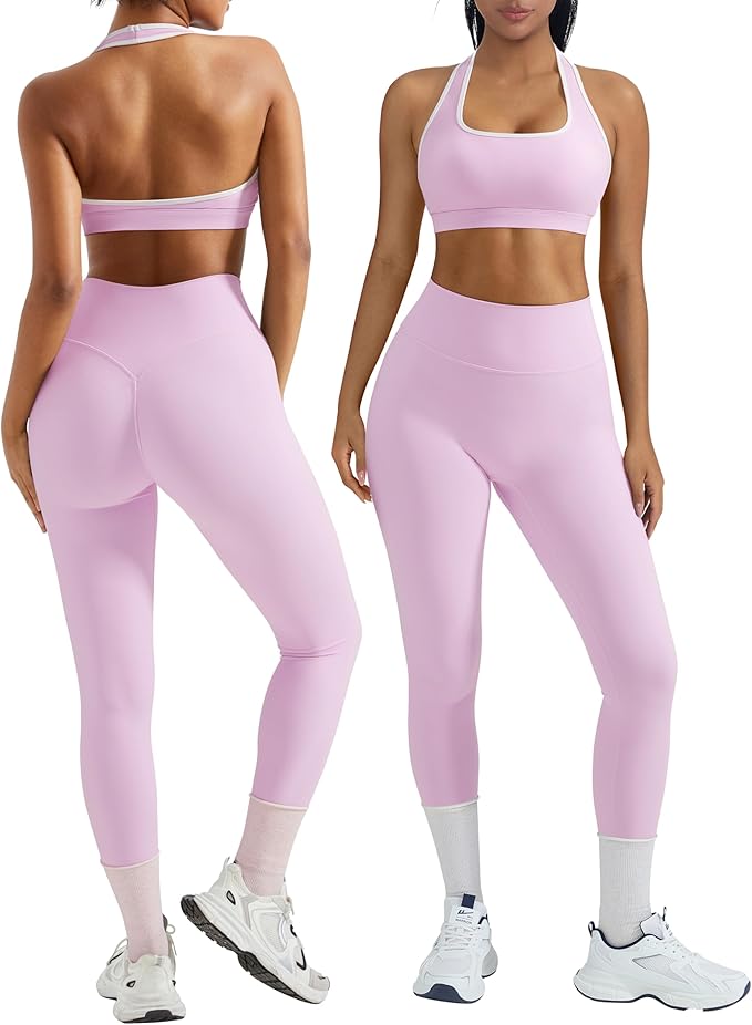 OMKAGI 2 Piece Workout Sets for Women Halter Sports Bras Gym Sets Booty Leggings Outfits