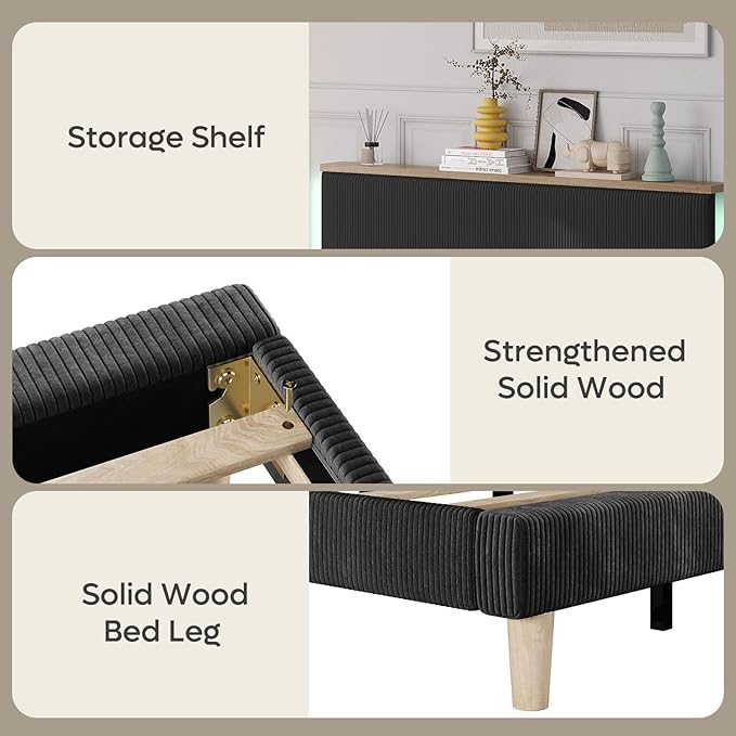 Bestier Queen Bed Frame with Adjustable Headboard & LED Lighting, Corduroy Upholstered Platform Bed Frame with Storage Shelf, Solid Wood Slats, No Box Spring Needed, Never Squeak, Easy Assembly, Black