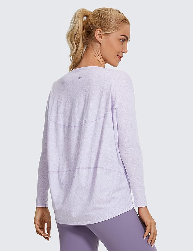 CRZ YOGA Pima Cotton Boat Neck Long Sleeve Shirts for Women - Workout Athletic Yoga Casual Tops Loose Fit Fall T-Shirts