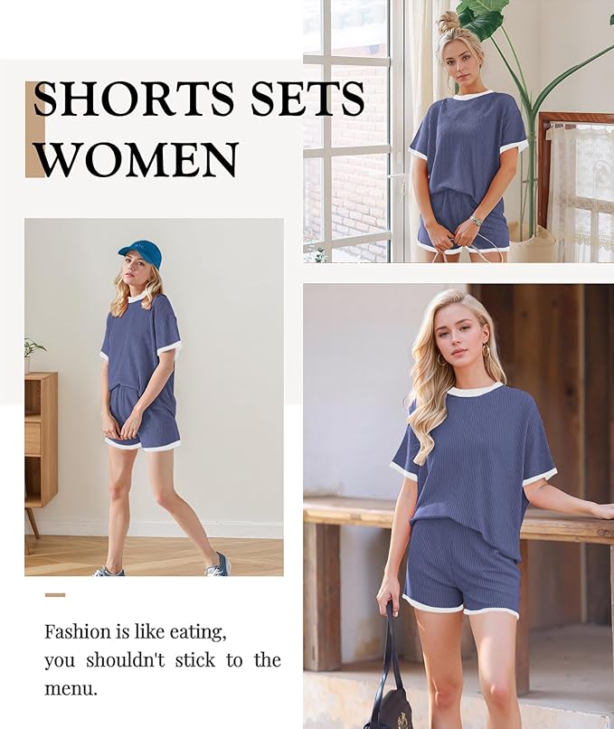 MARZXIN Women 2 Piece Shorts Set 2026 Casual Summer Cruise Outfits Ribbed Loose Short Sleeve Pocket Matching Lounge Sets