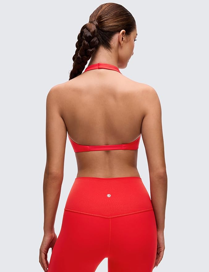 CRZ YOGA Butterluxe Double Lined Twist Halter Sports Bras for Women - Deep V Neck Crop Top Casual Open Back Non Padded