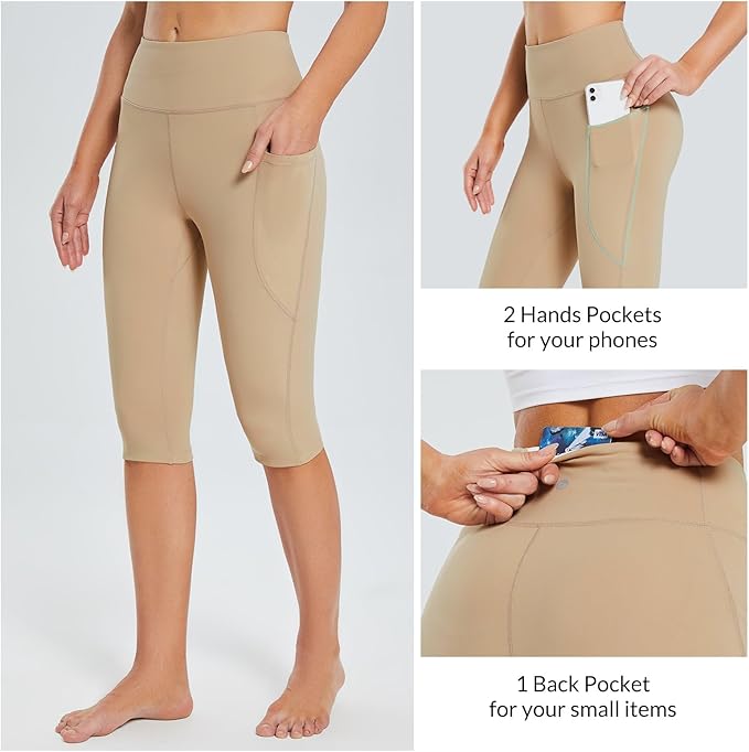baleaf Women's Capri Leggings with Pockets High Waisted Knee Length Capris Stretch for Casual Yoga Pants Workout Exercise