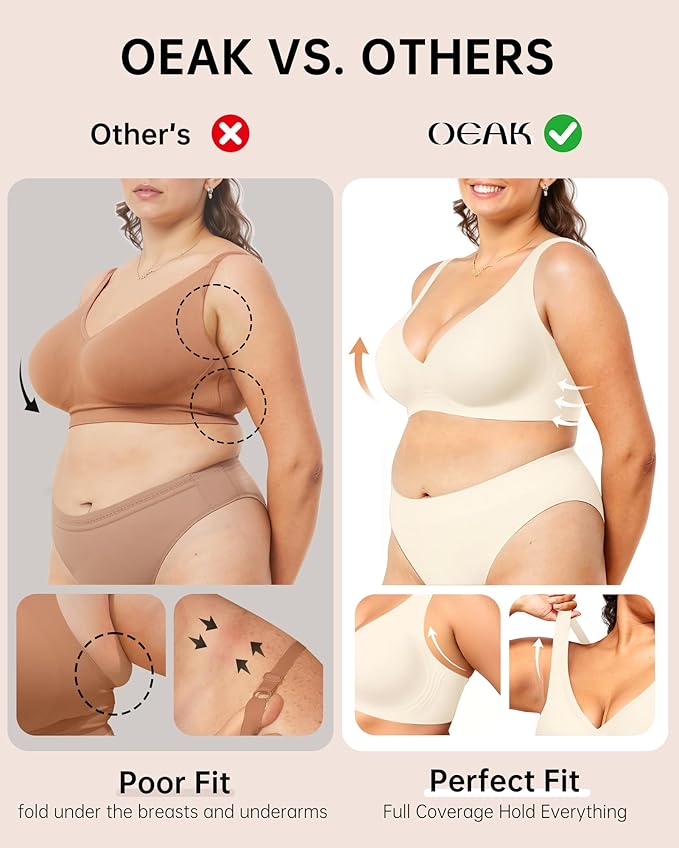 OEAK Womens Deep V Bras Wireless Comfortable Bra Supportive No Underwire Bras Tshirt Push Up Bralettes Plunge Seamless Bra
