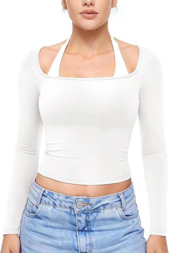 YEOREO Long Sleeve Workout Tops for Women Square Neck Slim Fitted Double Lined Compression Shirt Basic Casual Gym Yoga Tops