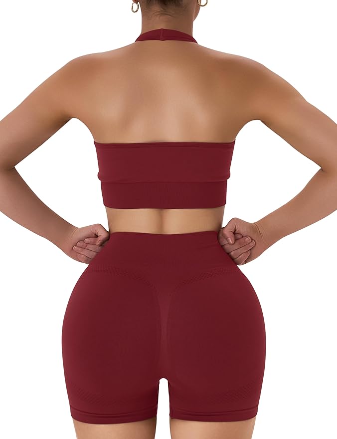 OLCHEE Workout Sets for Women 2 Piece Backless Halter Sports Bra High Waist Booty Shorts Yoga Gym Outfits Lounge Activewear