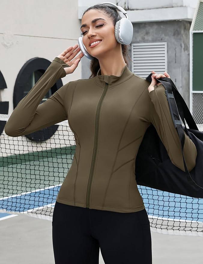 Rapbin Women's Slim Fit Workout Jackets Full Zip Long Sleeve Running Athletic Tops Yoga Shirts with Thumb Holes
