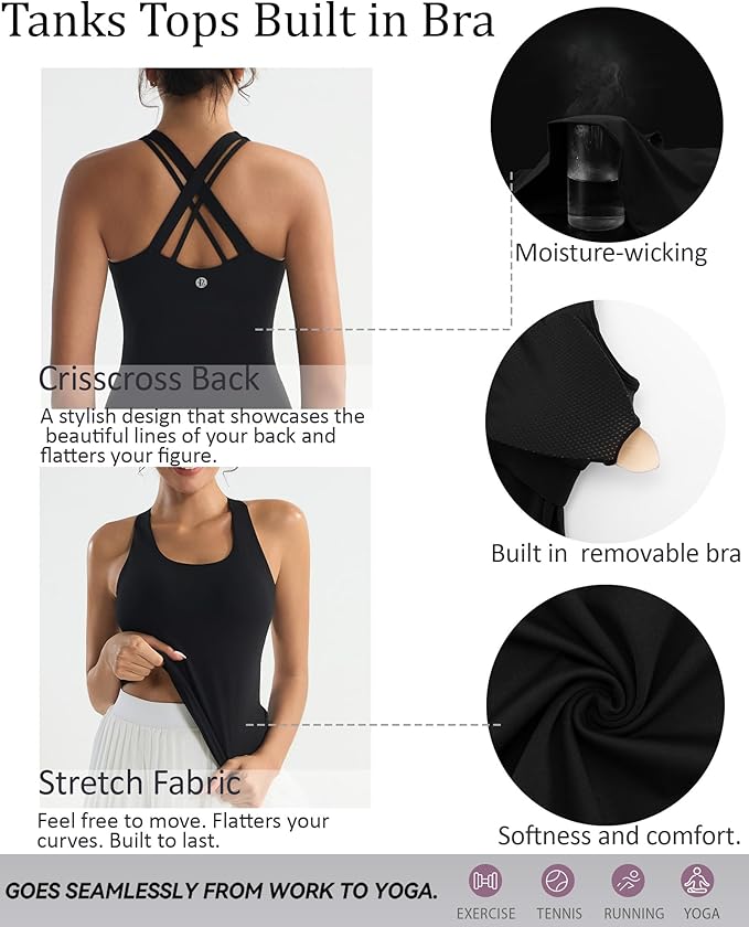 RUNNING GIRL Tank top with Built in Bra for Women,Compression Shirts Crisscross Back Workout Yoga Tops
