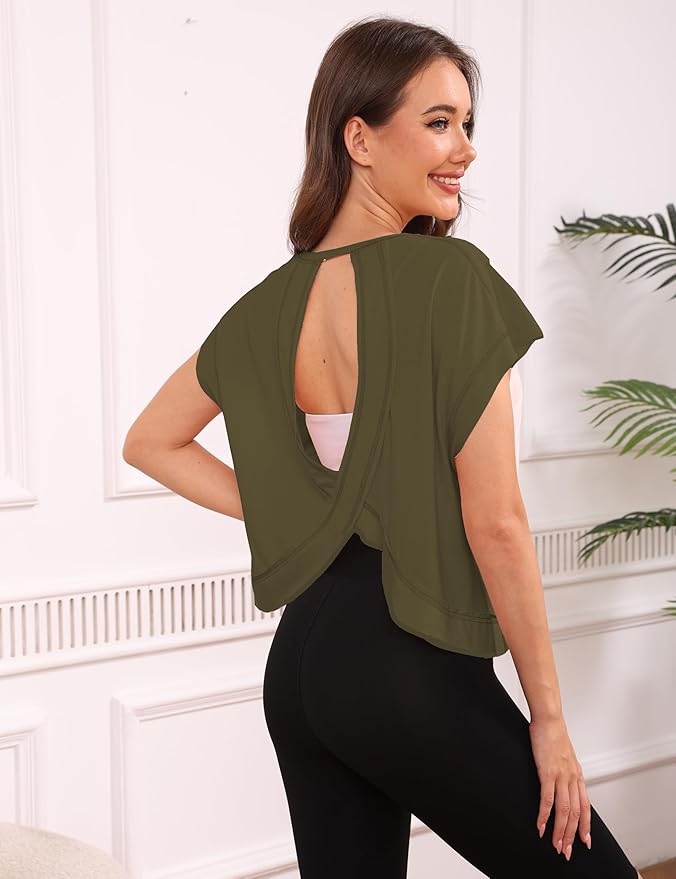 Kumufenc Women Short Sleeve Workout Shirts Open Back Tops Casual Yoga Y2k Athletic Gym Slouchy Crop Running Tees