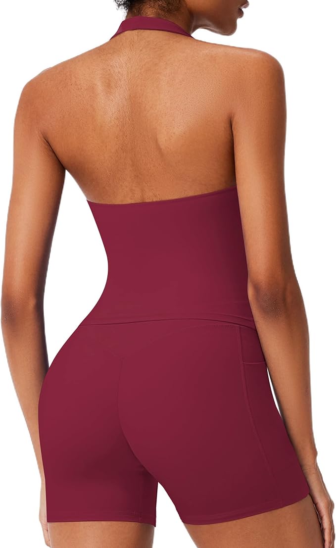 RXRXCOCO Halter Workout Sets for Women 2 Piece V Neck Tank Tops Hidden Scrunch Booty Shorts Gym Outfits with Pockets