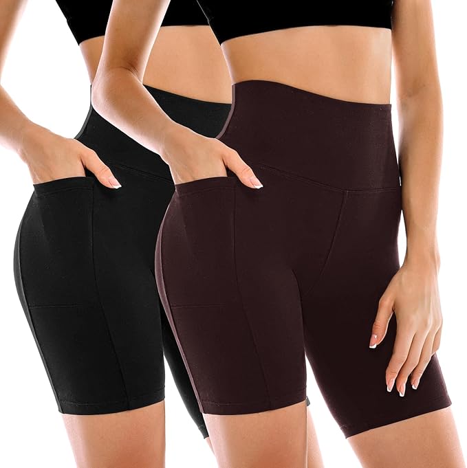 Leafigure 2 Pack Womens Biker Shorts with Pockets, High Waisted Yoga Shorts for Women Running Gym and Workout