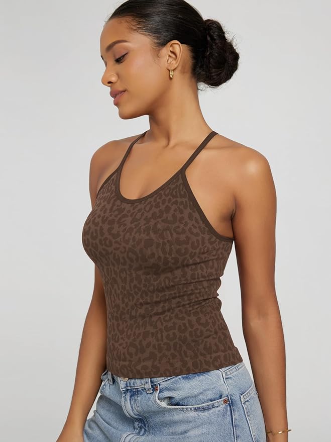 ODODOS Women's Crop 3-Pack Seamless Rib-Knit Camisole Crop Tank Tops