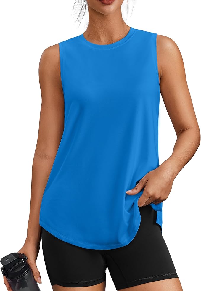 PINSPARK Workout Tops for Women Sleeveless Athletic Tank Tops UPF 50+ Running Tanks with Side Slits Loose Fit Gym Yoga Shirt