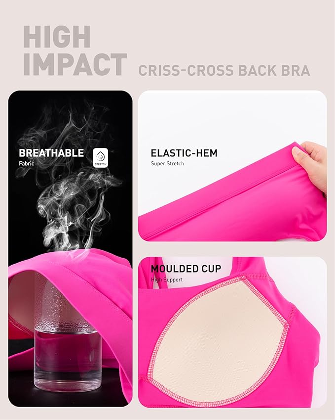 RUNNING GIRL High Impact Sports Bras for Women - Scoop Neck Strappy Sports Bra High Support Moulded Cup Workout Bra