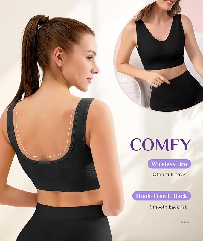 YADIFEN Womens Sports Bras, 3/4/6 Pack Wireless Comfortable Seamless Sleep Yoga Sports Bras for Women with Removable Pads