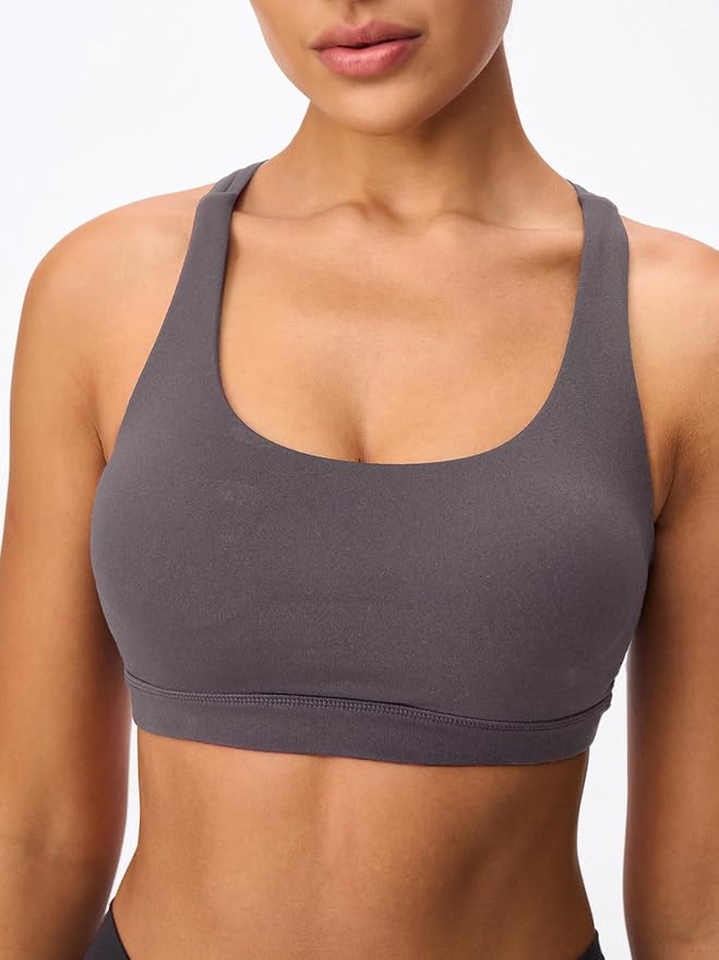Women's Strappy Sports Bras Light Compression Crop Criss Cross Back Padded Workout Yoga Bra Supportive U Neckline