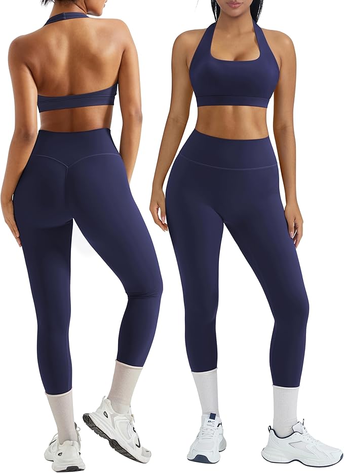 OMKAGI 2 Piece Workout Sets for Women Halter Sports Bras Gym Sets Booty Leggings Outfits