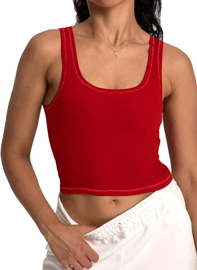 Danysu Women Rib Tank Top Padded Workout Top Square Neck Crop Tank Fitted Basic Cami Tops