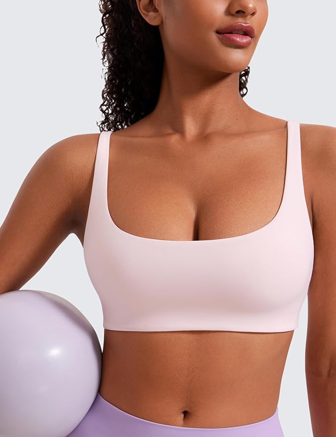 CRZ YOGA Butterluxe Square Neck Spaghetti Strap Sports Bras for Women - Low Coverage Yoga Wireless Padded Cami Crop Top