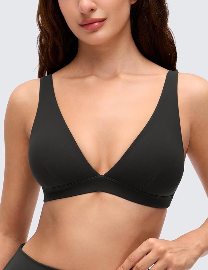CRZ YOGA Butterluxe Soft Double Lined Deep V Neck Sports Bras for Women - Open Back Yoga Crop Top Casual Non Padded
