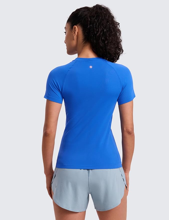 CRZ YOGA Seamless Workout Tops for Women Hip Length - Athletic Running Gym Yoga Short Sleeve Shirts Breathable Crewneck Tees