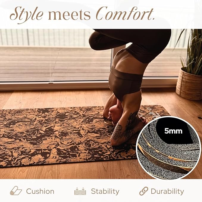 Deluxe Cork Yoga Mat – Gold, Coffee or Vegan Leather Cork Surface & Natural Rubber Base – Premium Natural & Eco Friendly Materials – Includes Signature Handmade Boho Bag