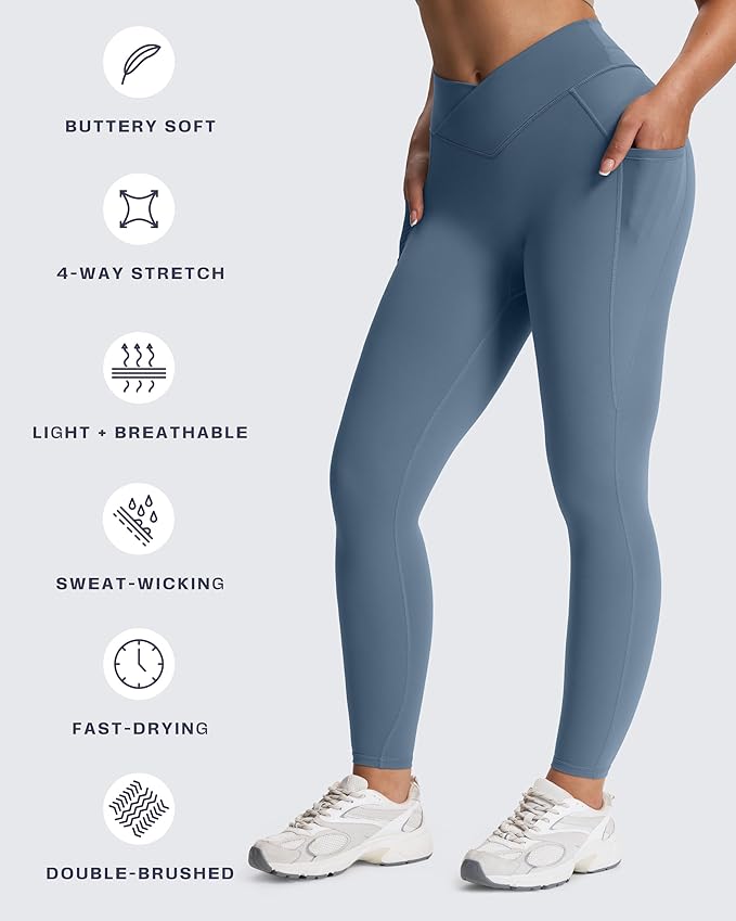 Aoxjox Women's Trinity High Waisted Yoga Pants with Pockets Cross-Waist Tummy Control Buttery Soft Workout Leggings 26"