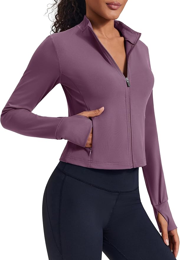 PINSPARK Women Cropped Workout Jackets Full Zip Slim Fit Athletic Jackets Thumb Holes Running Jacket with Zipper Pockets
