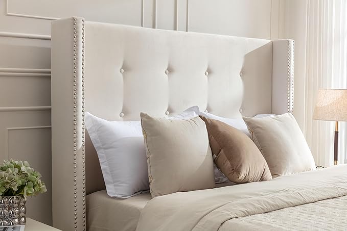Upholstered Bed Frame, 54" Tall Headboard Wingback Upholstered Platform Bed Frame for Kids Teens Adults Bedroom Strong Wood Slats Support/No Box Spring Needed (Ivory Velvet, King)