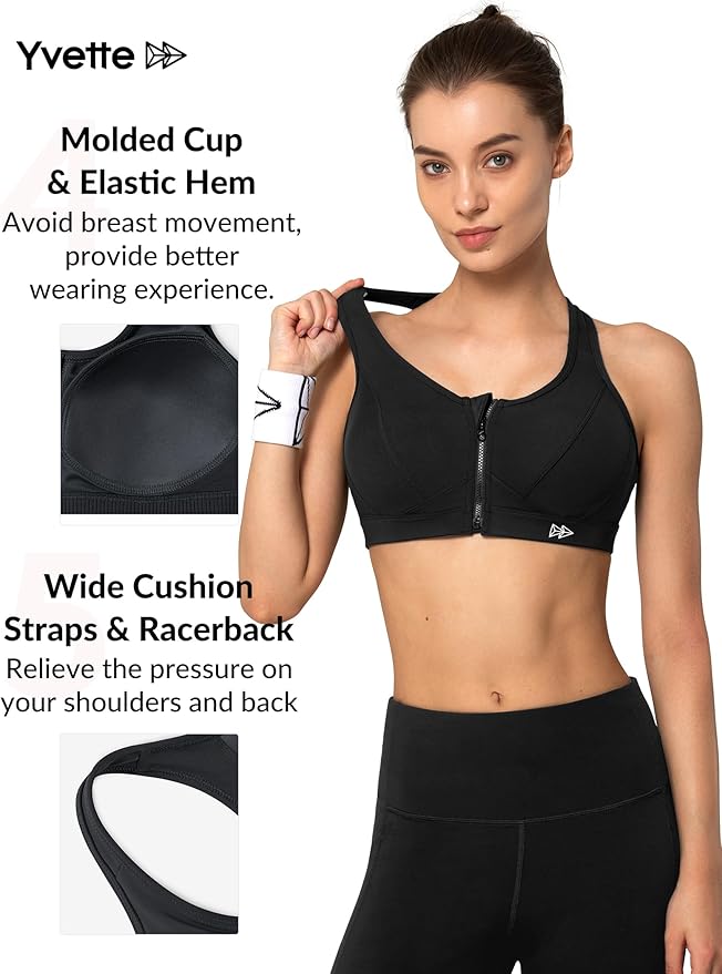 Yvette Zip Front Sports Bra - High Impact Sports Bras for Women Plus Size Workout Fitness Running