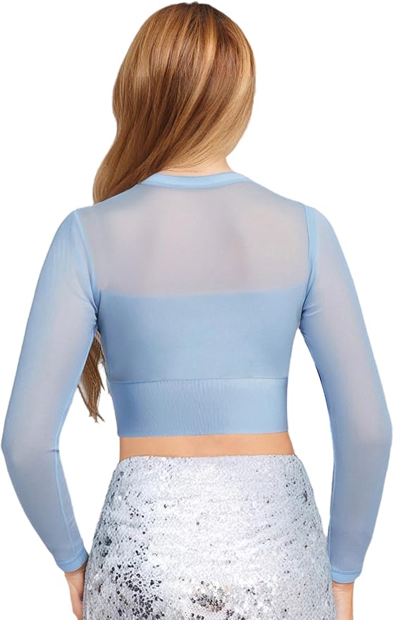 Womens Sheer Patchwork Yoga Shirt Long Sleeve Crew Neck Crop Top for Pilates Dance Workout