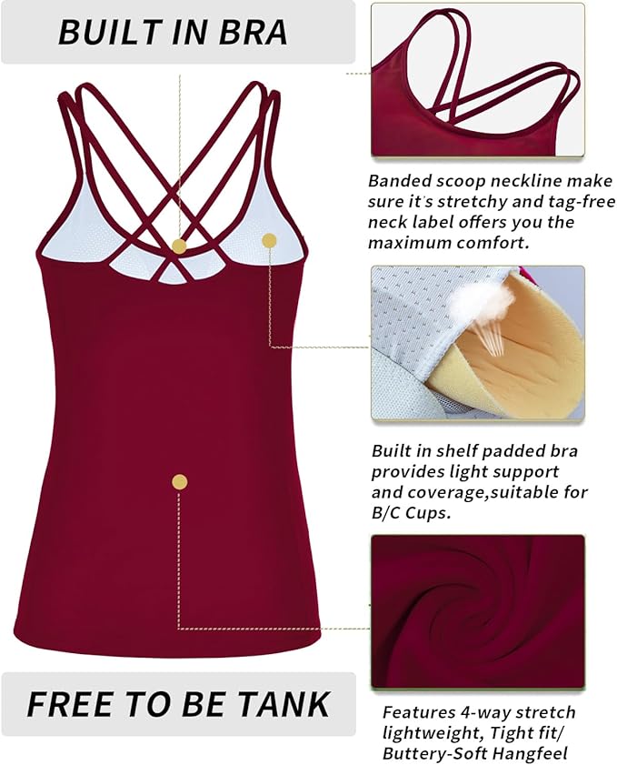 RUNNING GIRL Yoga Tank Tops for Women Built in Shelf Bra B/C Cups Strappy Back Activewear Workout Compression Tops