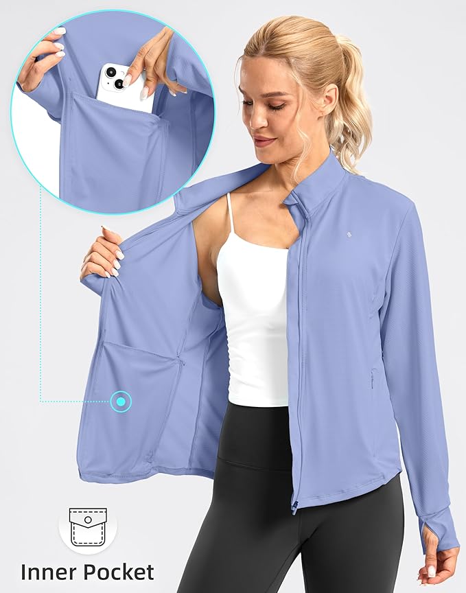 Soothfeel Women's UPF 50+ Lightweight Athletic Jackets Sun Protection Zip Up Long Sleeve Shirts Hiking Workout Outdoor Pocket