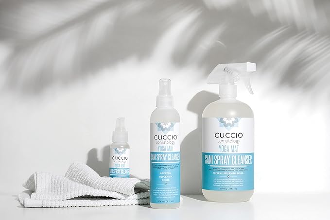 cuccio SOMATOLOGY Yoga Mat Sani Spray Cleaner - Essential Liquid Mat Cleanser Mist - Non Sticky, Quick Drying, Odor, Dirt And Sweat Control - Natural, Chemical Free Equipment Freshener - 32 Fl Oz