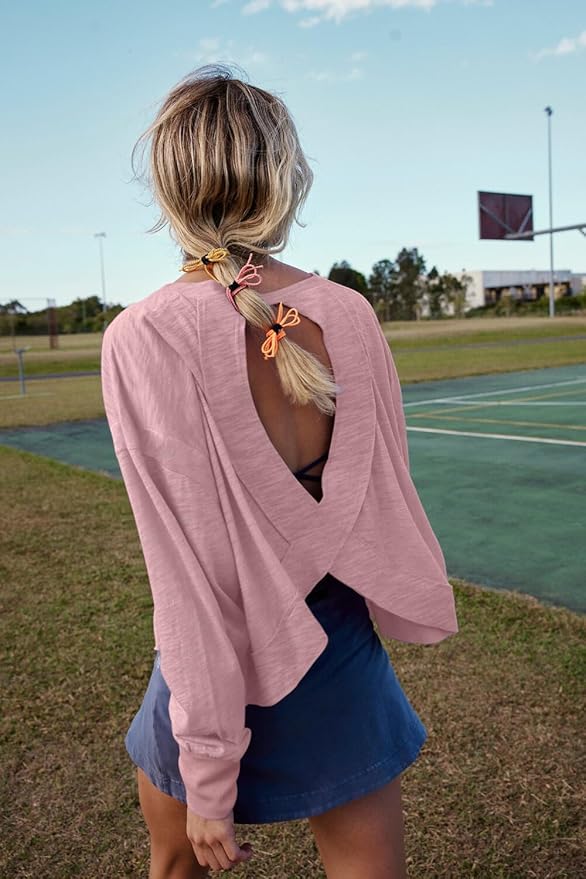 LASLULU Womens Open Back Long Sleeve Workout Tops Athletic Shirts Boat Neck Casual Running Tee Y2k Yoga Gym Tops