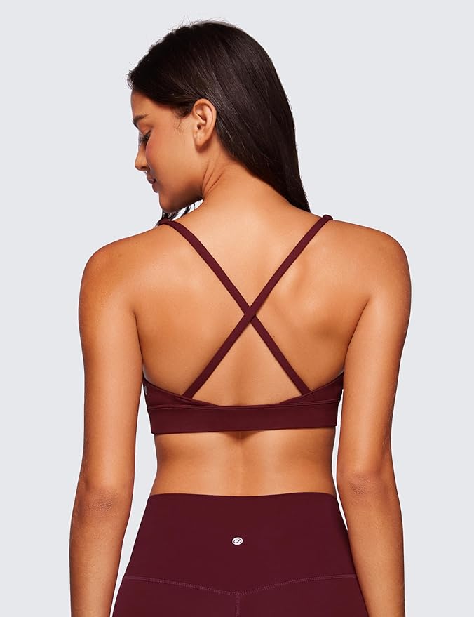 CRZ YOGA Butterluxe Deep V-Neck Sports Bras for Women - Spaghetti Strap Criss Cross Padded Top Low Coverage Wireless Yoga