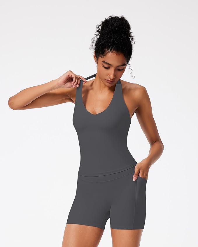 RXRXCOCO Halter Workout Sets for Women 2 Piece V Neck Tank Tops Hidden Scrunch Booty Shorts Gym Outfits with Pockets