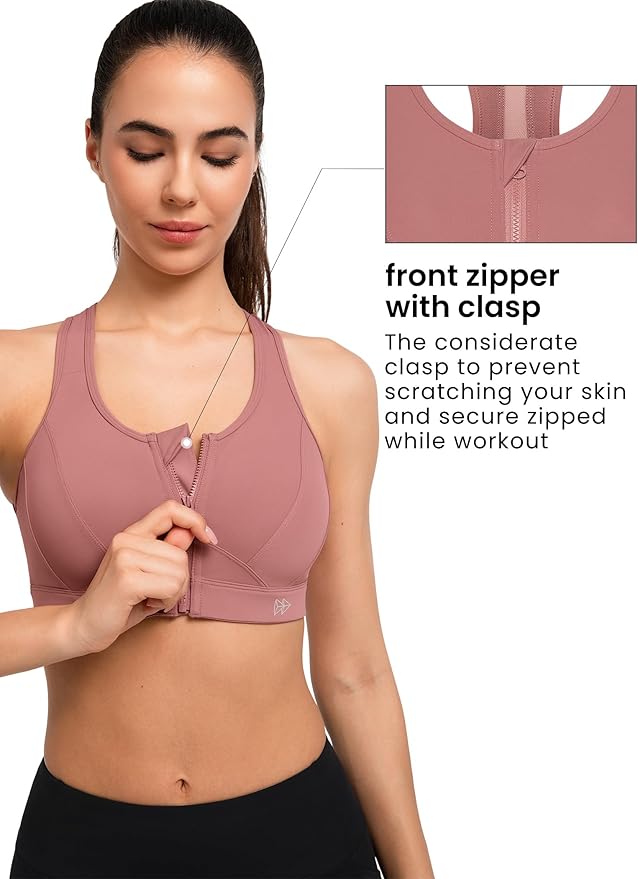Yvette Zip Front Sports Bra - High Impact Sports Bras for Women Plus Size Workout Fitness Running