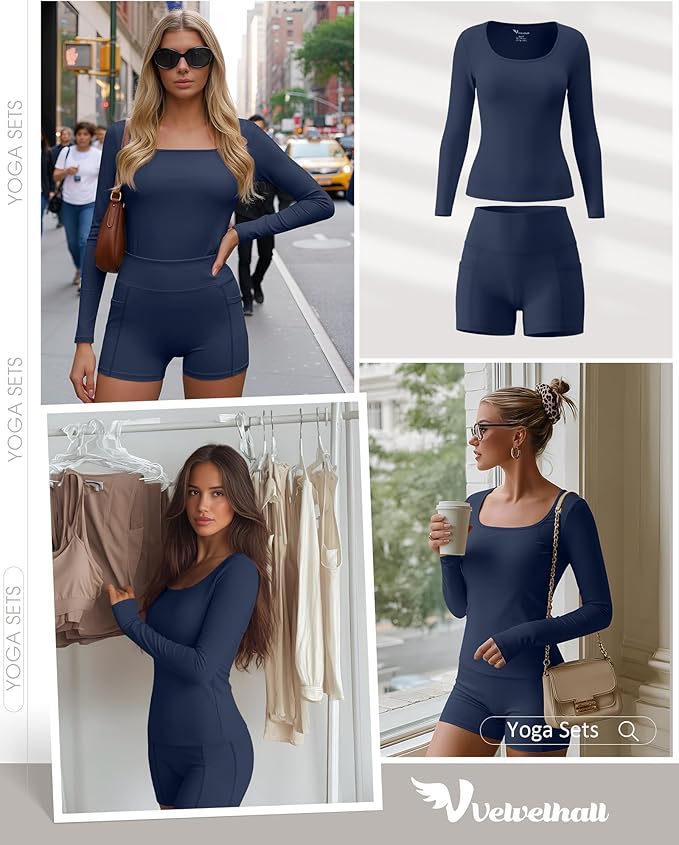 Women Workout Sets 2 Piece Yoga Square Neck Long Sleeve Top Athletic Seamless Short Pockets Sport Gym Run Outfits