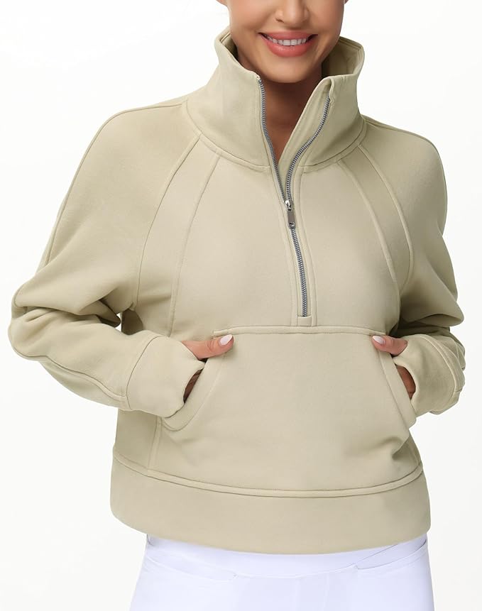 THE GYM PEOPLE Womens' Half Zip Pullover Fleece Stand Collar Crop Sweatshirt with Pockets Thumb Hole