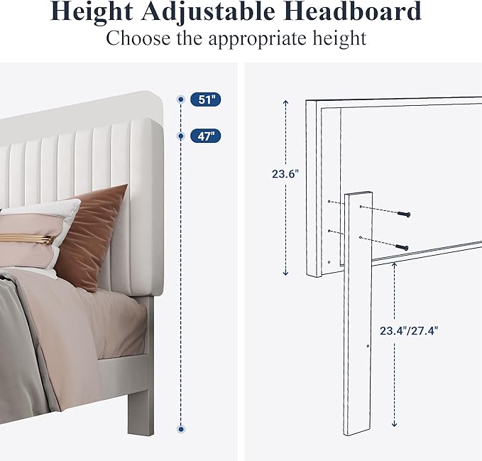 Allewie Queen Bed Frame, Velvet Upholstered Platform Bed with Adjustable Vertical Channel Tufted Headboard, Mattress Foundation with Strong Wooden Slats, Box Spring Optional, Easy Assembly, Off-White
