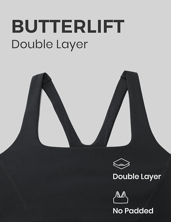 CRZ YOGA Butterlift Double Lined Square Neck Sports Bras for Women - Wireless V-Shaped Racerback Workout Yoga Top Non Padded